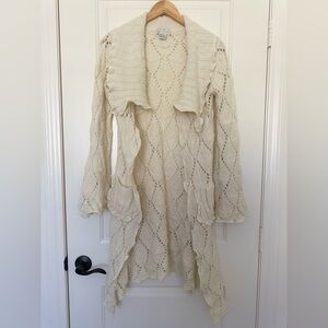 Wool Blend Crochet Knit Duster Cardigan Sweater Shawl Collar Open Front Large